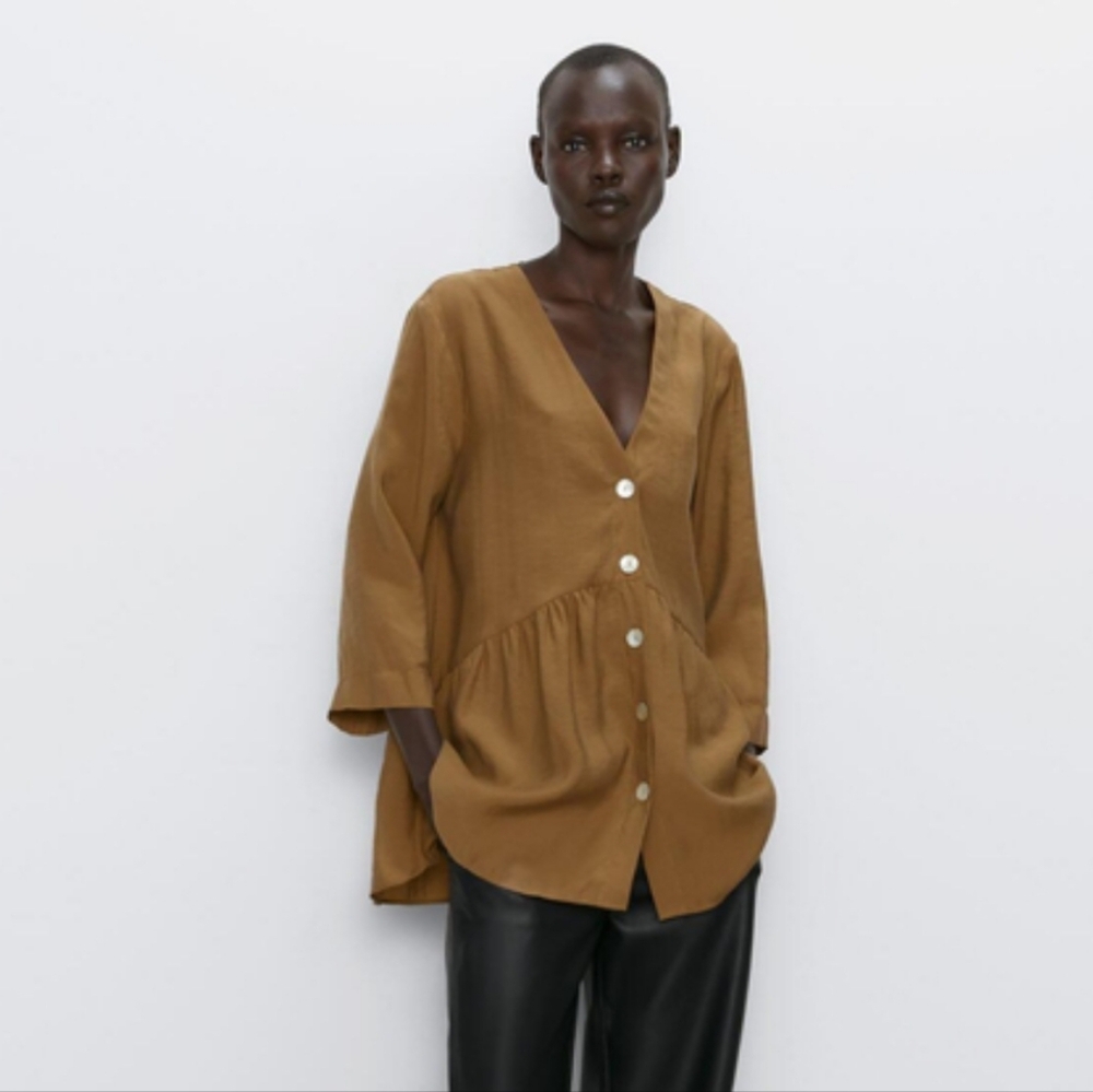 Zara Golden Brown Button-Down V-Neck Peplum 3/4 Sleeve Tunic Top